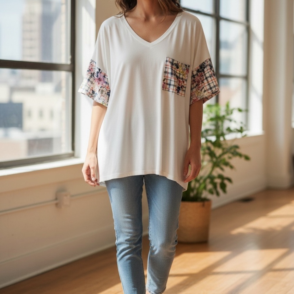 1 clique Floral Sleeve White Top
